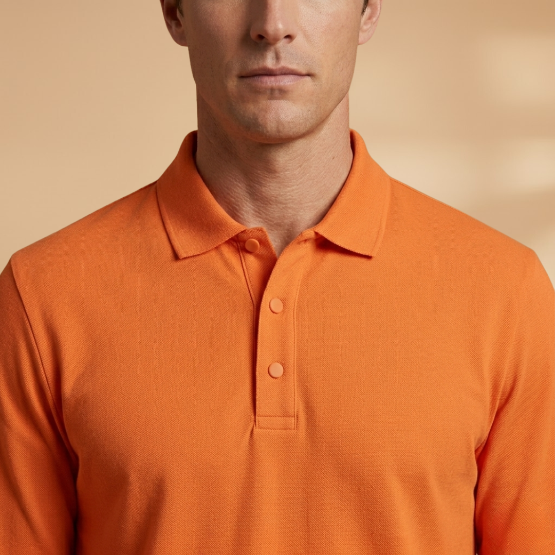 Solid color men's long sleeve polo shirt, a versatile wardrobe essential with a buttoned collar.