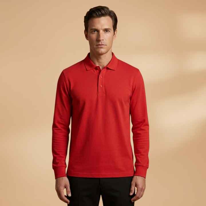Fitted men's long sleeve polo with elegant buttoned collar & cuffs, a sleek and comfortable casual top.