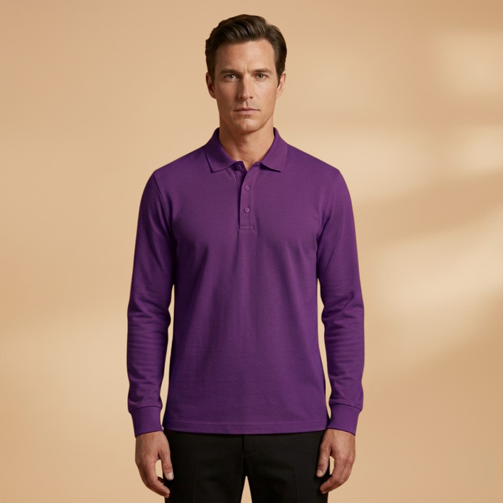 Essential men's long sleeve polo shirt, buttoned collar design for a versatile & comfortable smart casual look.