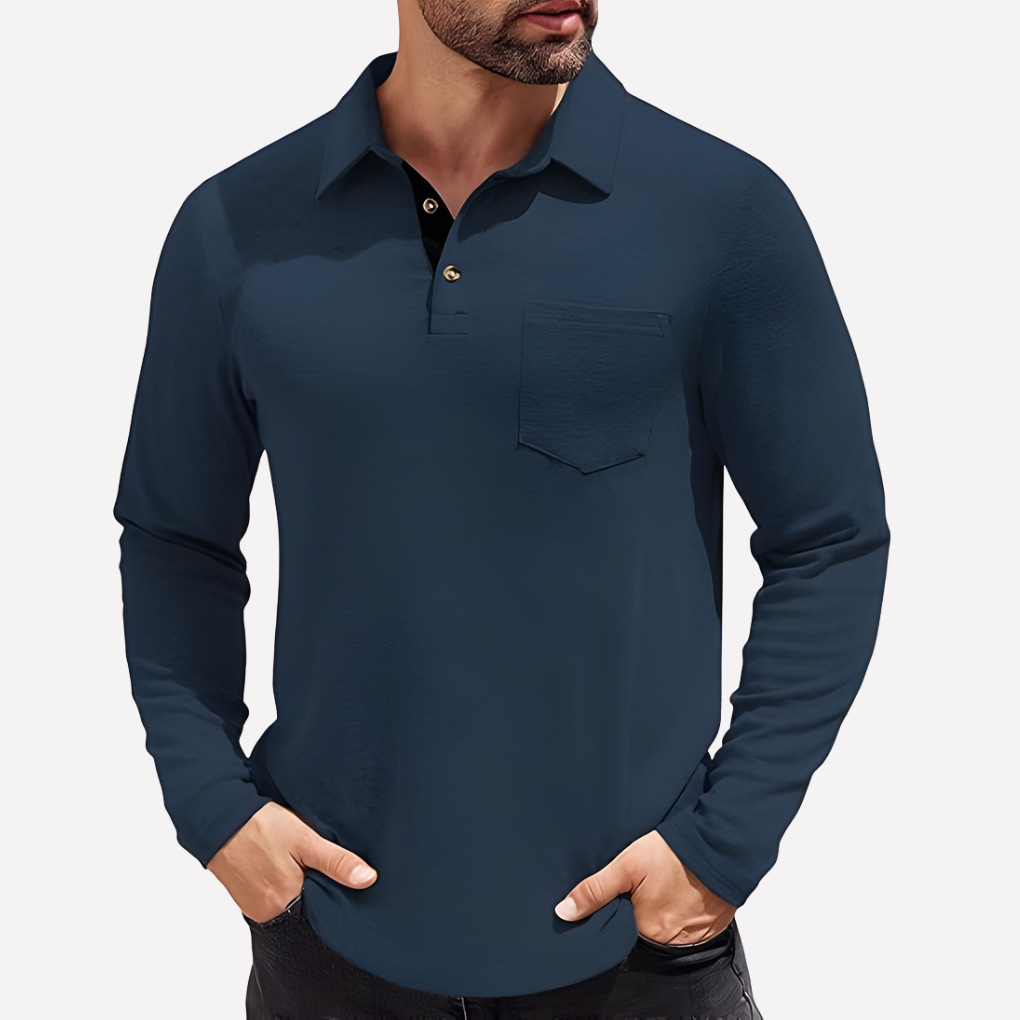 Men's long sleeve polo shirt with chest pocket, casual fit, perfect for everyday wear.