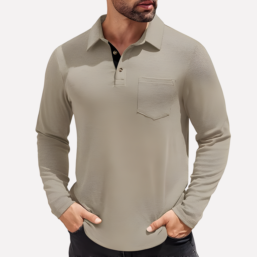 Men's casual long sleeve polo with chest pocket, a versatile top for smart everyday men's outfits.