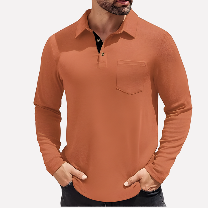 Everyday men's long sleeve polo, comfortable casual fit, with a discreet chest pocket design.