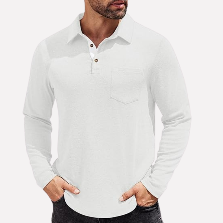 Modern men's long sleeve polo, smart casual, with a distinct chest pocket, perfect for autumn fashion.
