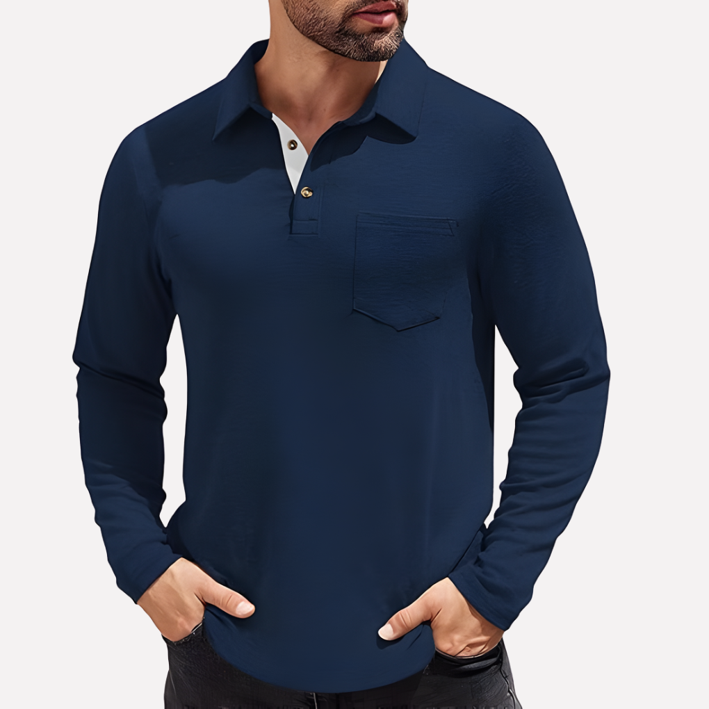 Comfortable men's long sleeve polo with chest pocket, ideal for smart casual or daily outfits.