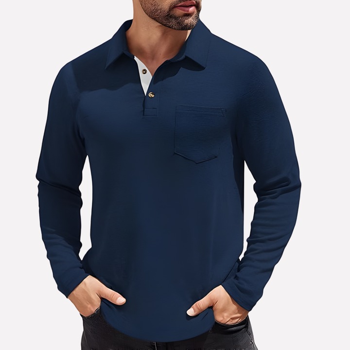 Comfortable men's long sleeve polo with chest pocket, ideal for smart casual or daily outfits.