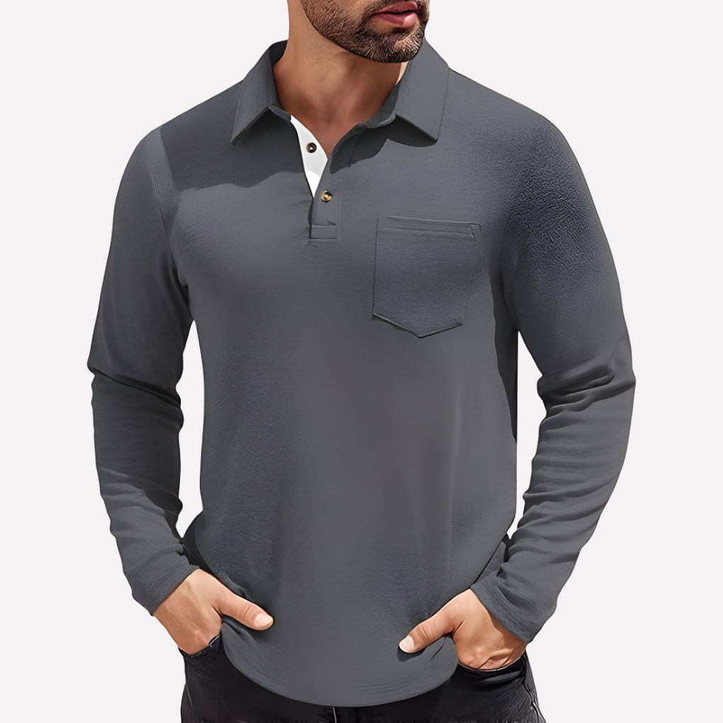 Versatile men's casual long sleeve polo shirt, featuring a stylish chest pocket for autumn fashion.