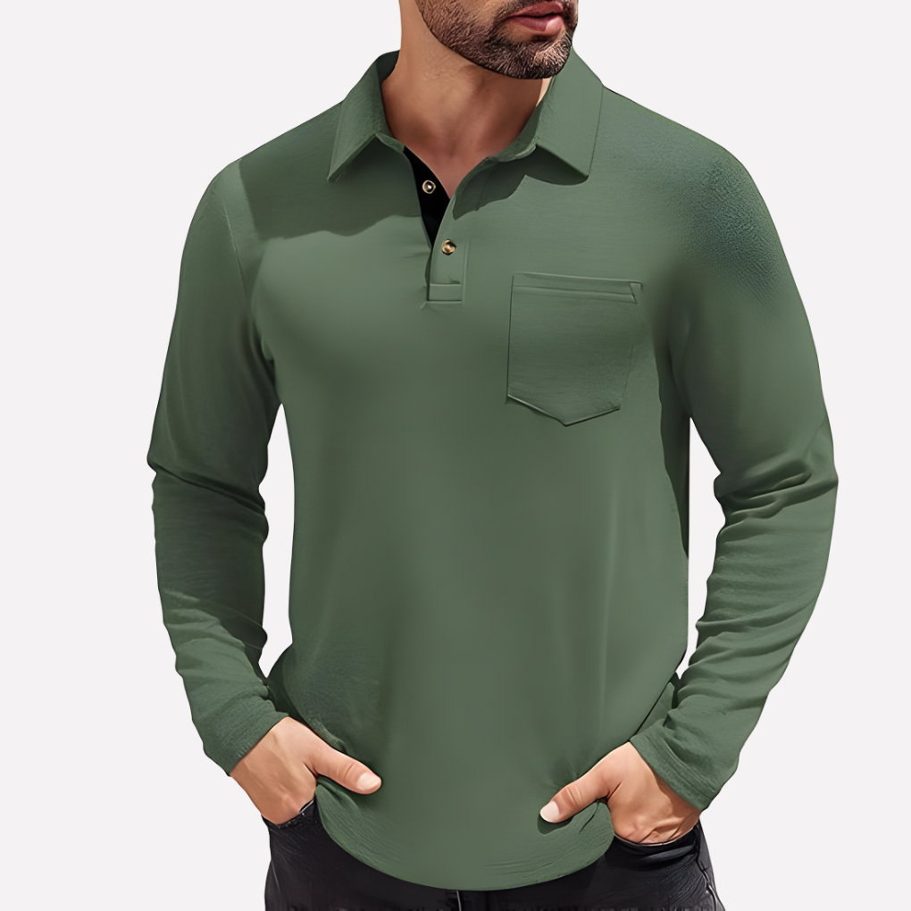 Classic men's long sleeve polo shirt, casual fit with chest pocket, great for winter layering.