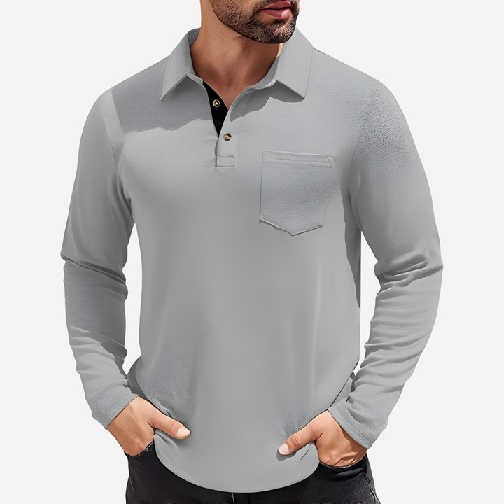 Stylish men's long sleeve polo with chest pocket, designed for comfort and everyday men's fashion.