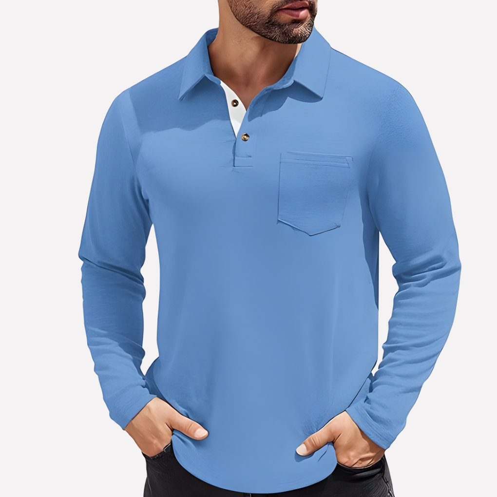Men's long sleeve polo shirt, casual fit, with functional chest pocket, suitable for any season.