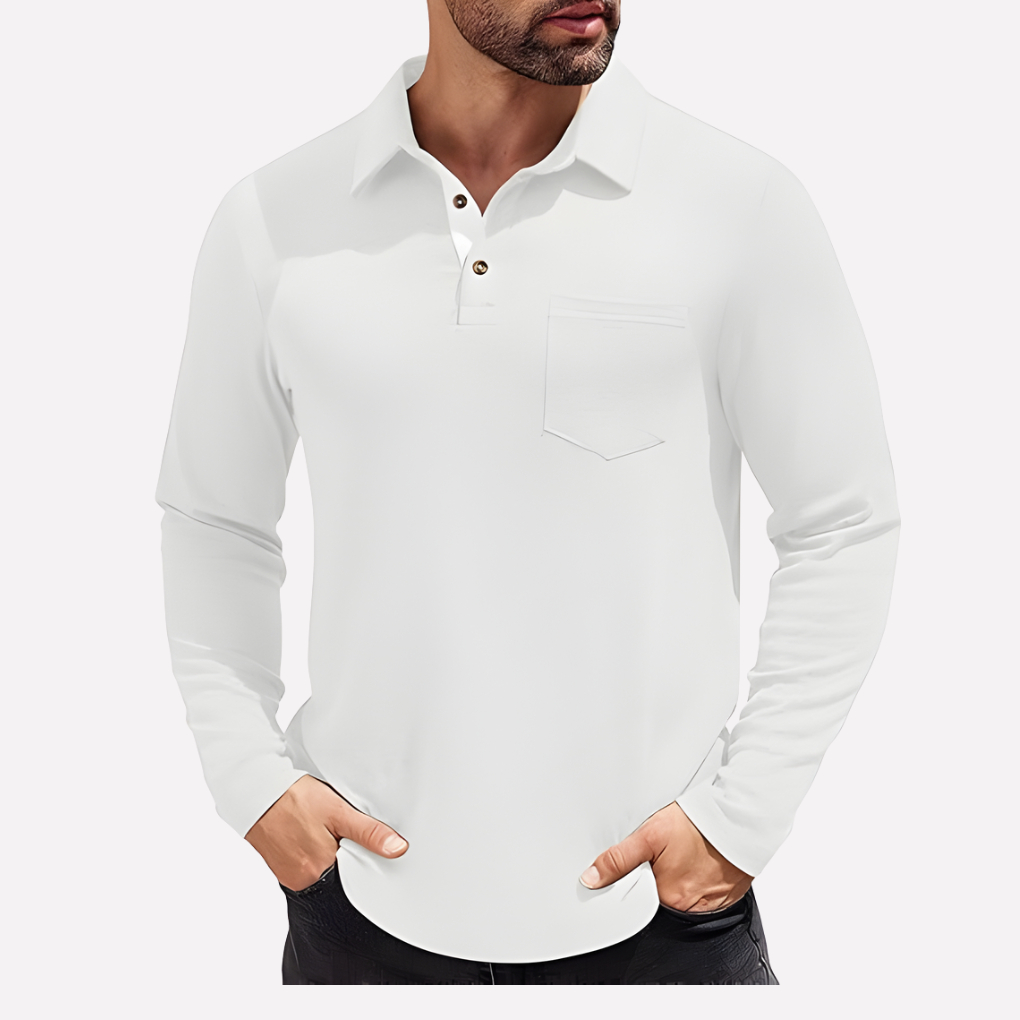 Smart casual men's long sleeve polo, comfortable material, featuring a practical chest pocket.