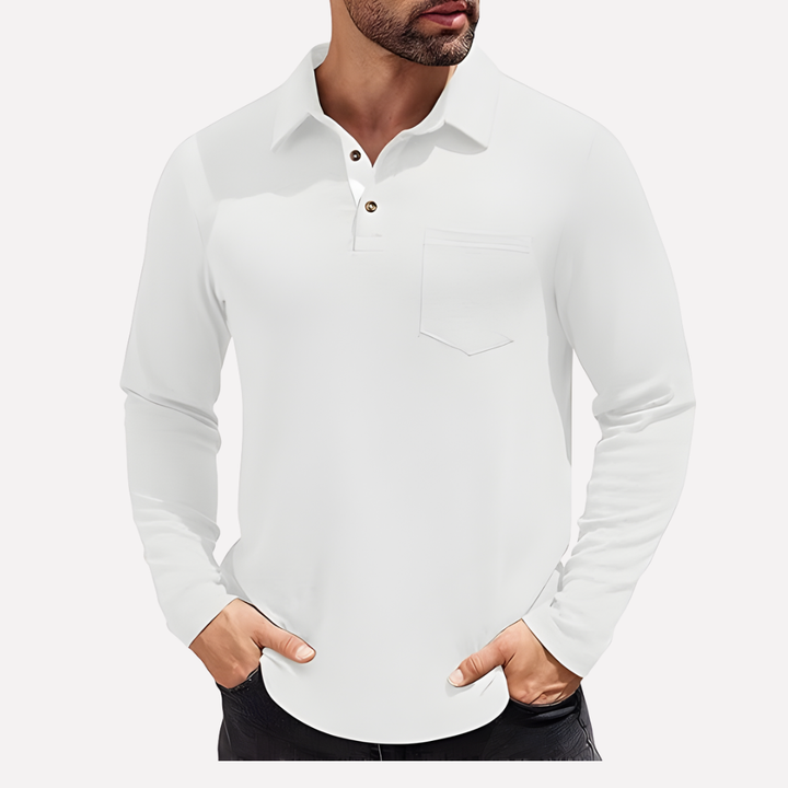 Smart casual men's long sleeve polo, comfortable material, featuring a practical chest pocket.