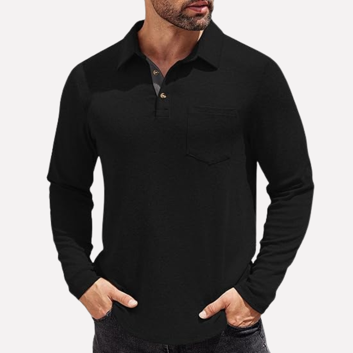 Navy men's long sleeve polo shirt, casual fit with chest pocket, essential for men's autumn wear.