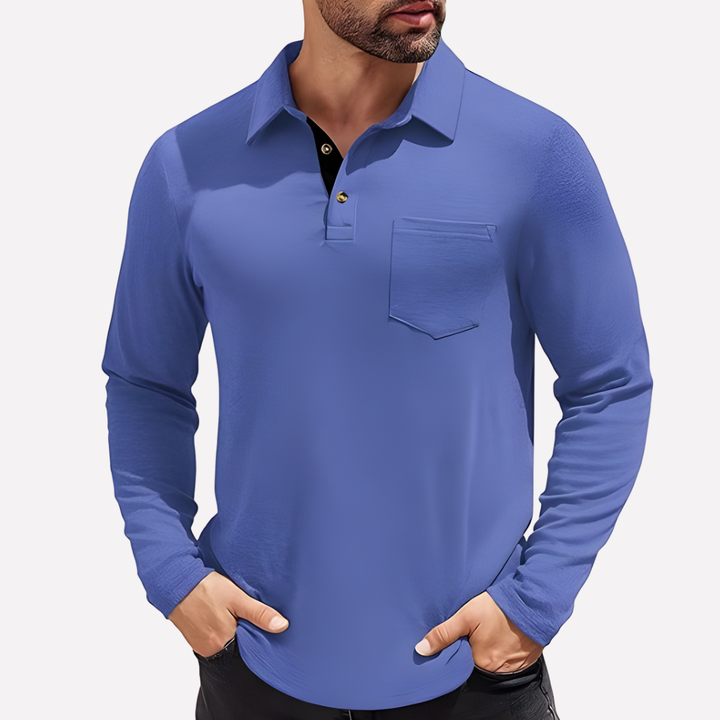 Grey men's long sleeve polo, soft fabric, chest pocket detail, perfect for relaxed everyday style.