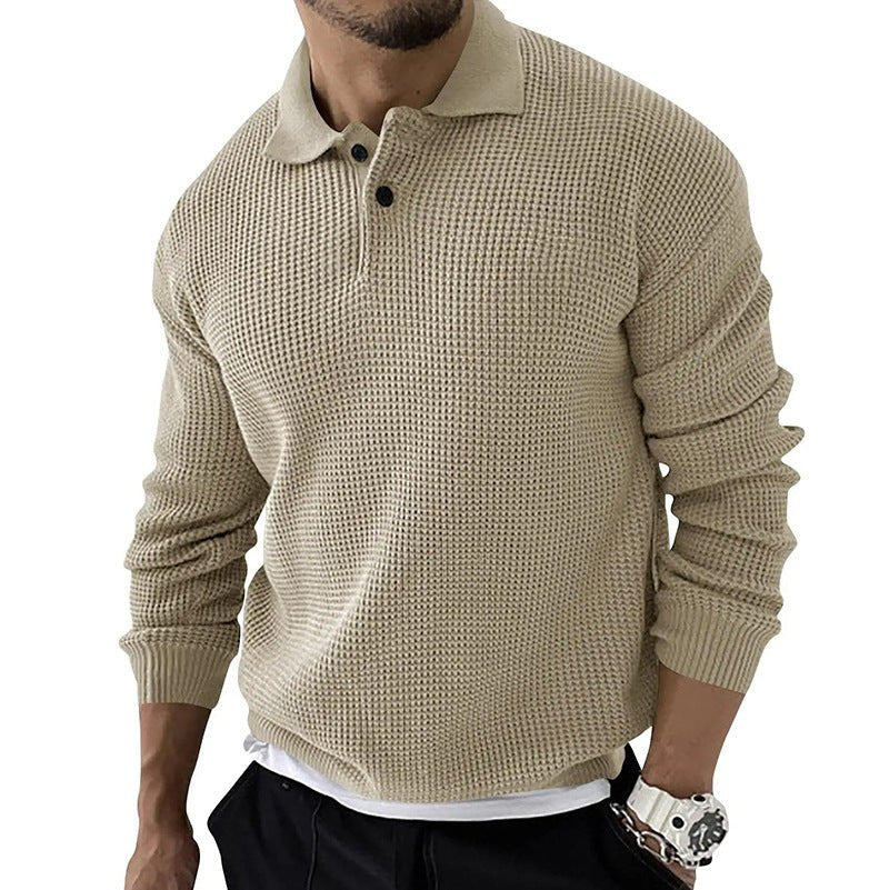 Smart casual men's long sleeve polo sweater with a stylish button collar, ideal for versatile fashion.