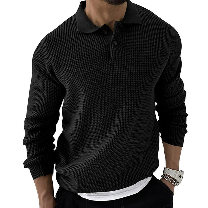 Versatile men's long sleeve polo sweater, perfect for everyday casual wear or a smart casual look.