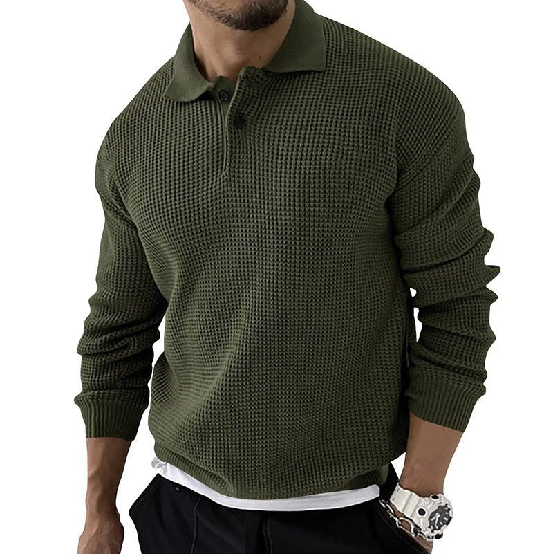 Comfortable men's long sleeve polo sweater with button collar. A stylish and cozy pullover top.