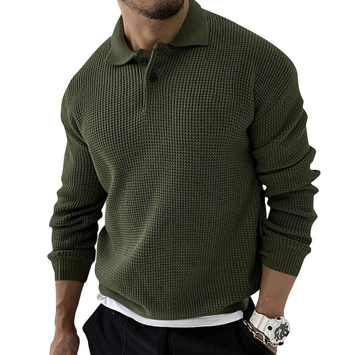 Comfortable men's long sleeve polo sweater with button collar. A stylish and cozy pullover top.