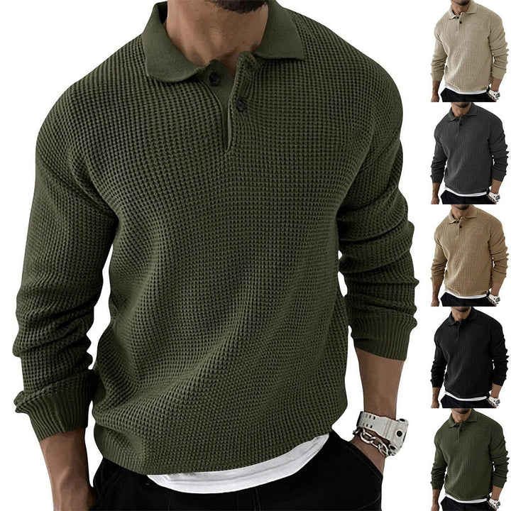 Fashionable men's long sleeve polo sweater, a comfortable and warm pullover for any casual occasion.