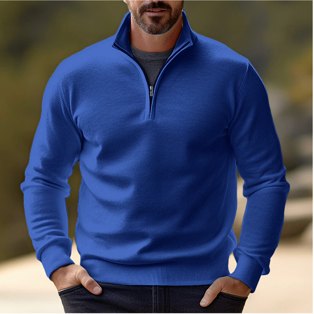 Men's long sleeve quarter zip sweater, versatile for fall & winter fashion and casual wear.