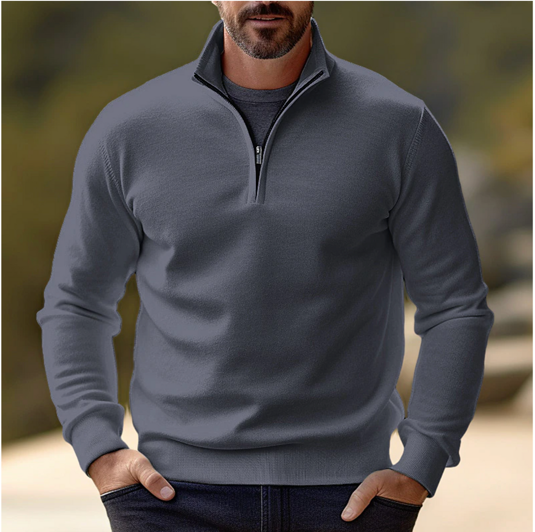 Stylish men's pullover quarter zip sweater, ideal for casual layering during fall and winter seasons.