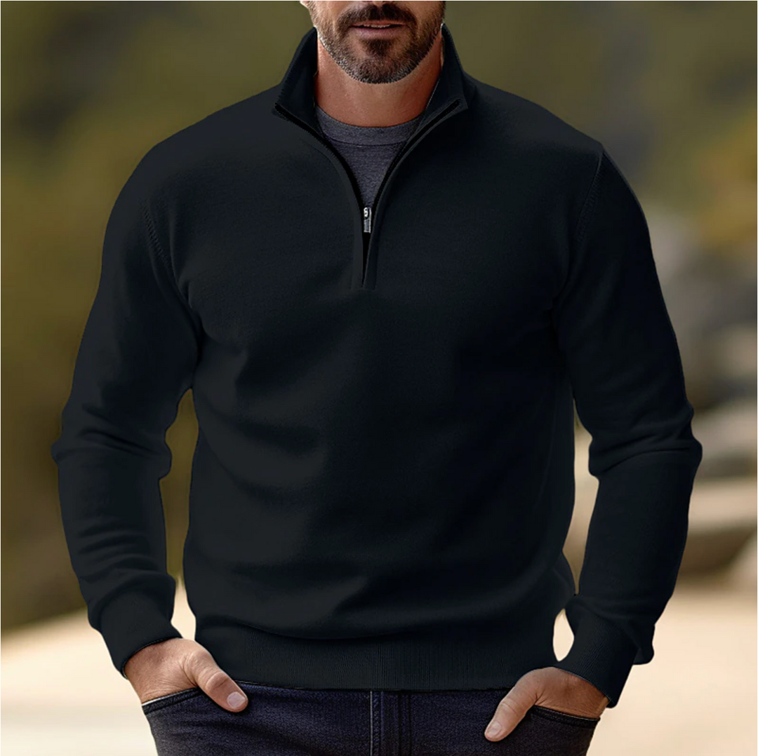 Fashionable men's long sleeve quarter zip sweater, perfect casual apparel for winter and fall style.
