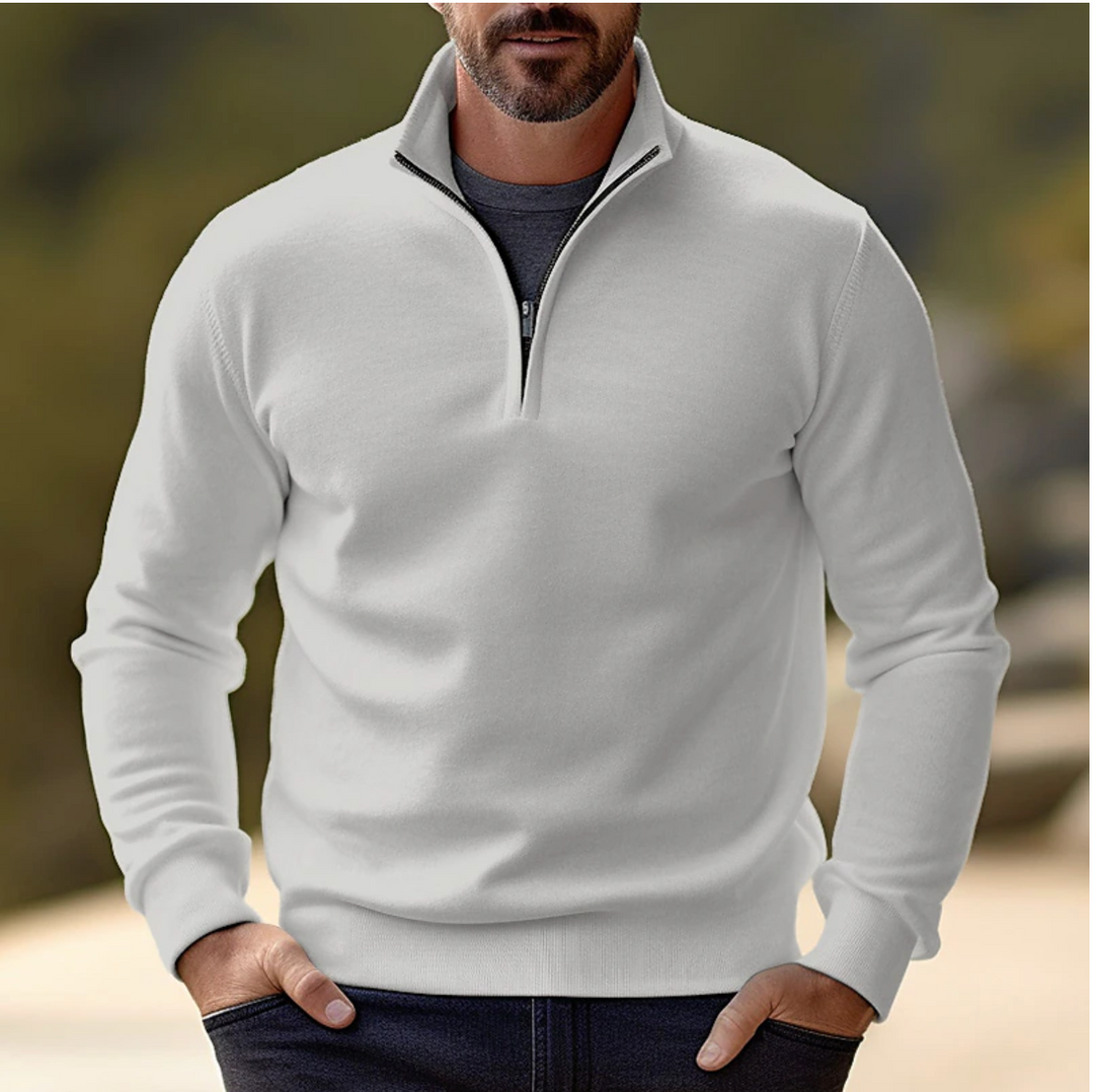 Versatile men's quarter zip pullover sweater, great for stylish layering in fall, winter, and everyday wear.