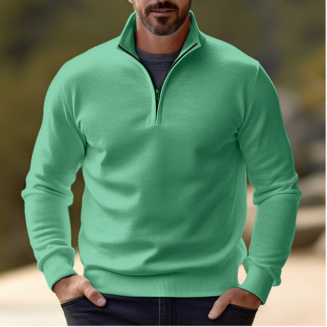 Men's long sleeve quarter zip pullover sweater, an essential casual fashion piece for cooler weather.