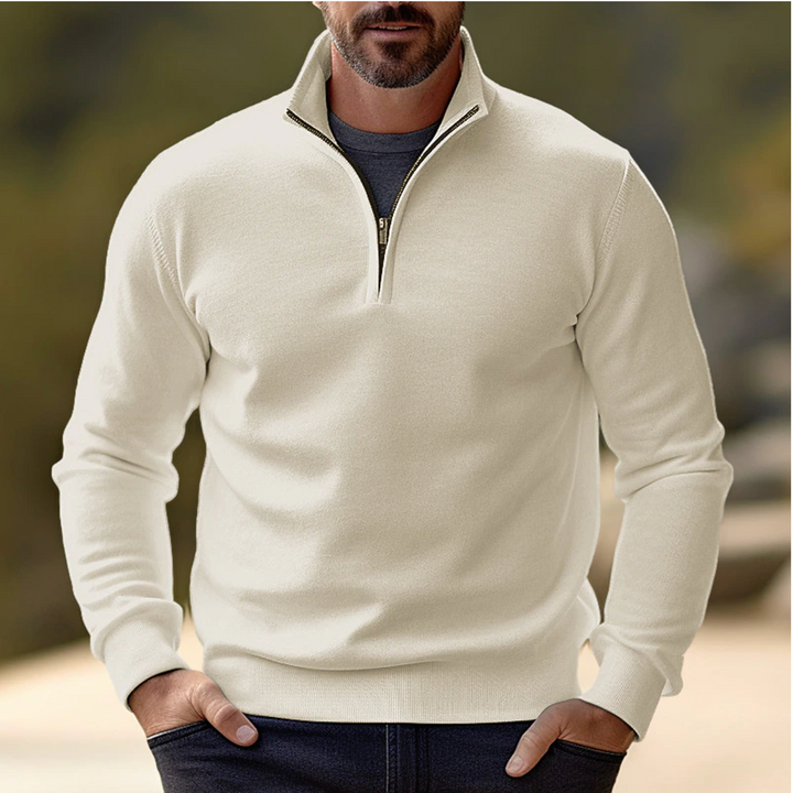 Trendy men's quarter zip long sleeve sweater, a stylish pullover for modern fall & winter apparel.