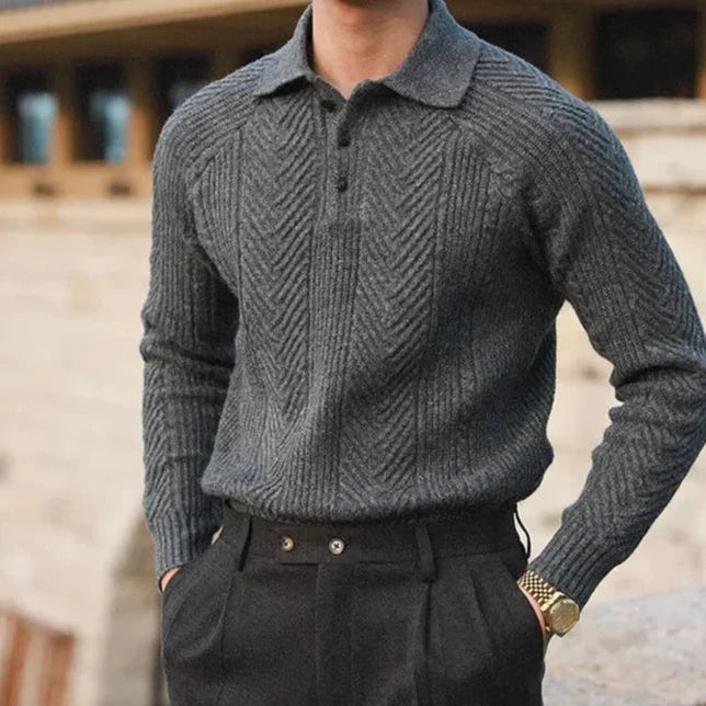 Apricot long sleeve zip polo for men, a versatile shirt with ribbed texture for comfort.