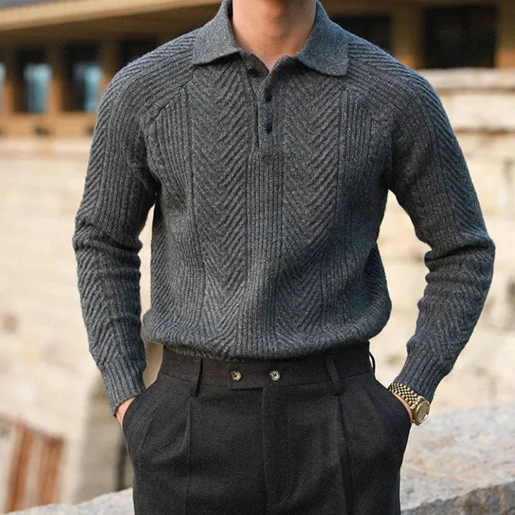 Men's long sleeve polo shirt in gray, designed with a zip neck for a smart casual look.