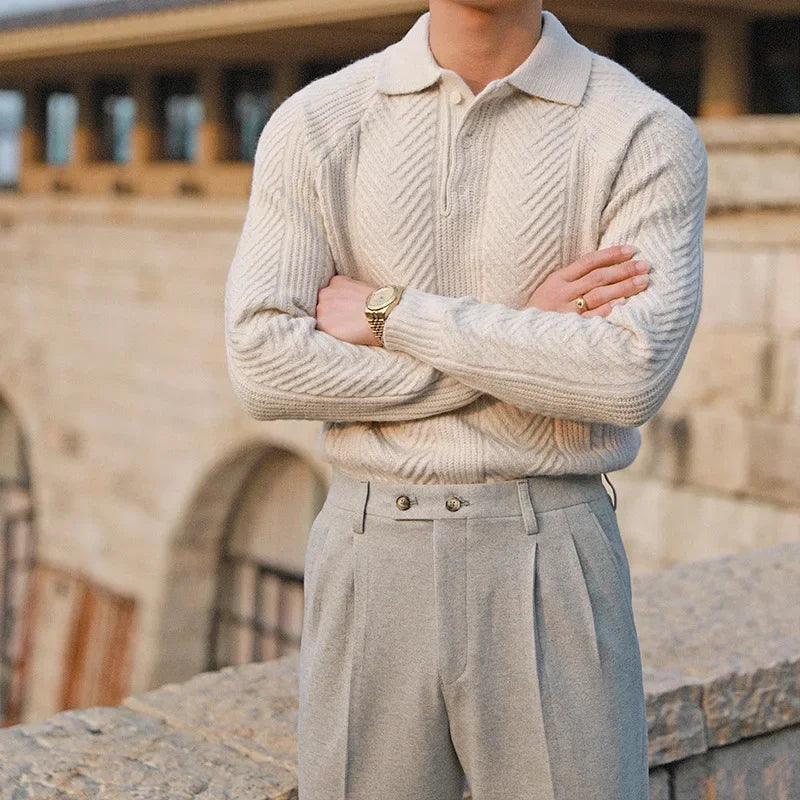 Stylish men's apricot long sleeve polo with zip closure and comfortable ribbed texture.
