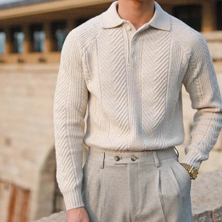 Versatile apricot men's long sleeve polo, great for layering or elevated casual looks.