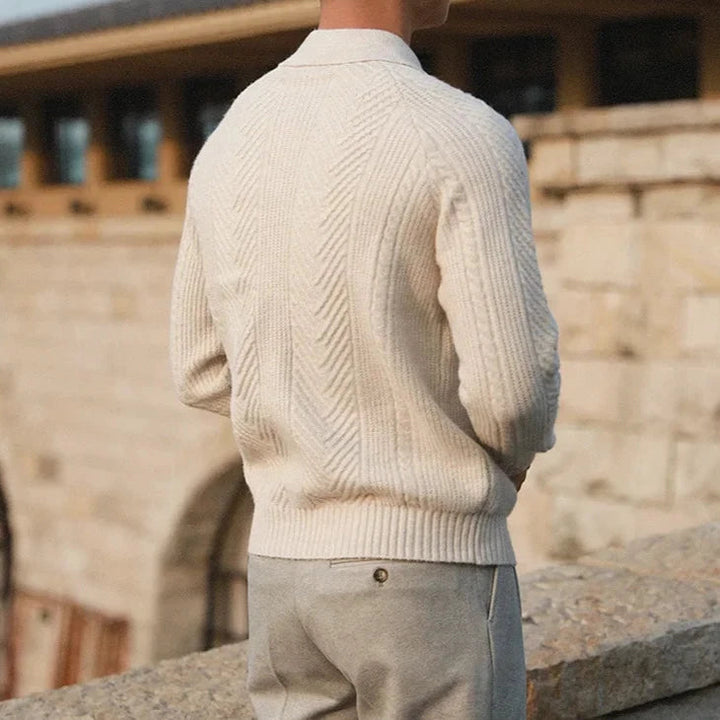 Men's gray long sleeve zip polo shirt with ribbed texture, a stylish and comfortable top.