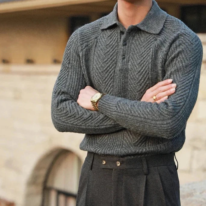 Casual yet smart men's long sleeve zip polo in a rich apricot shade for versatile styling.
