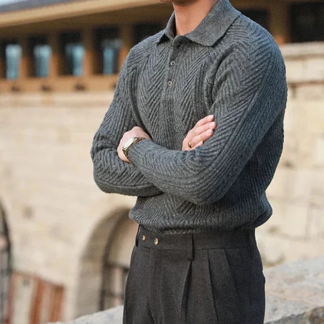 Men's gray polo shirt with long sleeves and a convenient zip closure for modern style.
