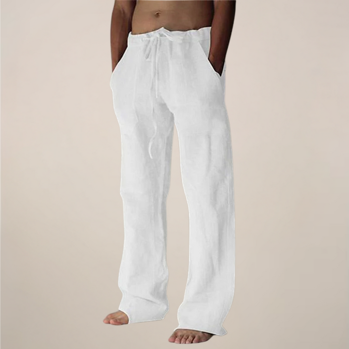 Men's loose fit khaki trousers for casual wear, front view.