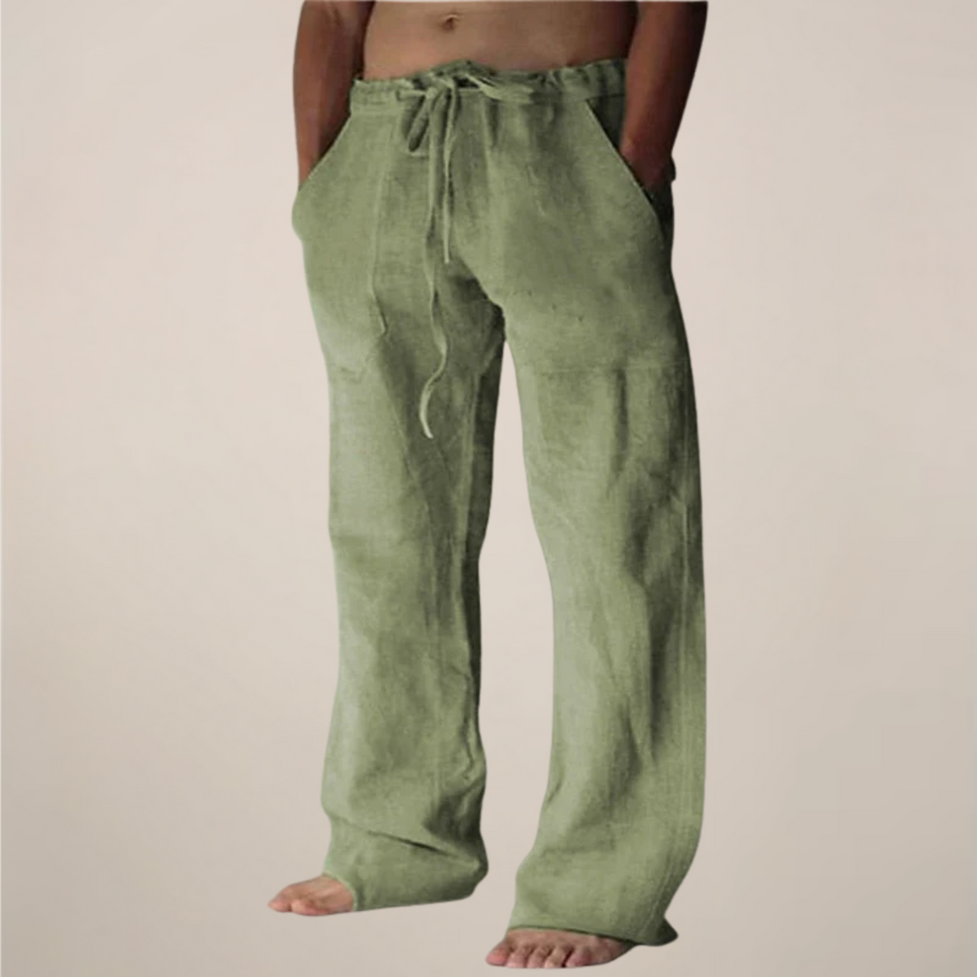 Wide leg relaxed fit men's trousers in khaki, side view.