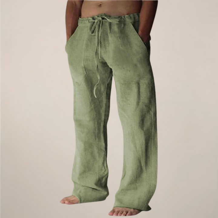 Wide leg relaxed fit men's trousers in khaki, side view.