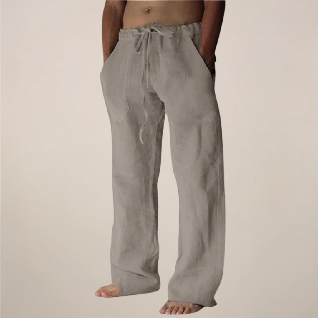 Men's casual loose leg trousers in a neutral khaki color.