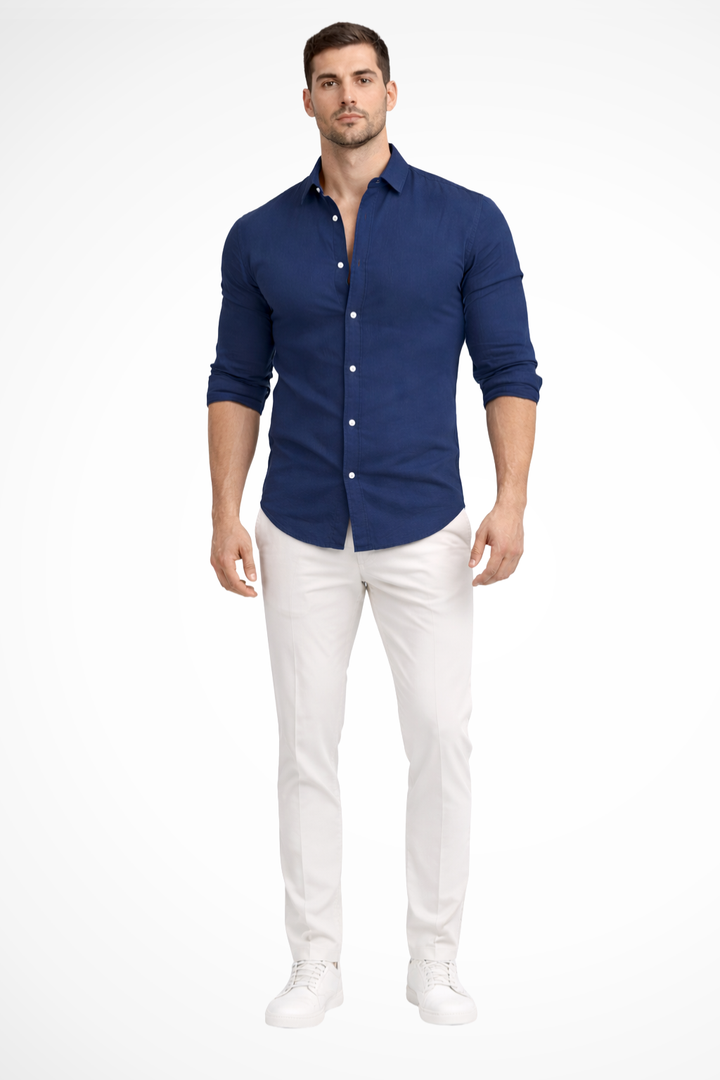 Modern men's loose fit long sleeve casual shirt with a chic lapel collar, perfect for versatile summer styling.