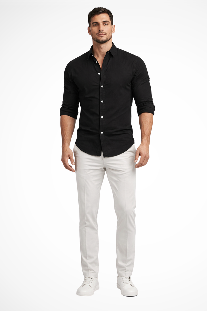 Versatile men's loose fit long sleeve casual shirt with lapel collar. A must-have for summer men's fashion.