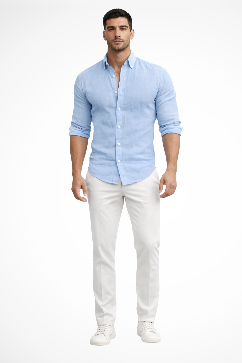 Men's fashionable loose fit long sleeve casual shirt with lapel collar and button front. Stylish for summer.