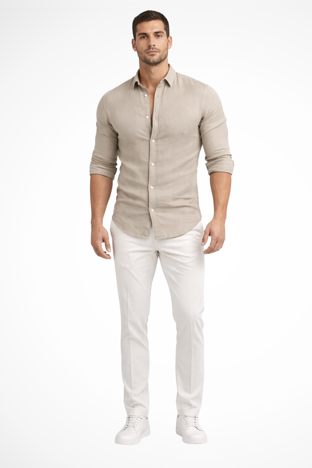 Everyday men's long sleeve casual shirt, loose fit with a classic lapel collar. Comfortable and stylish for summer.