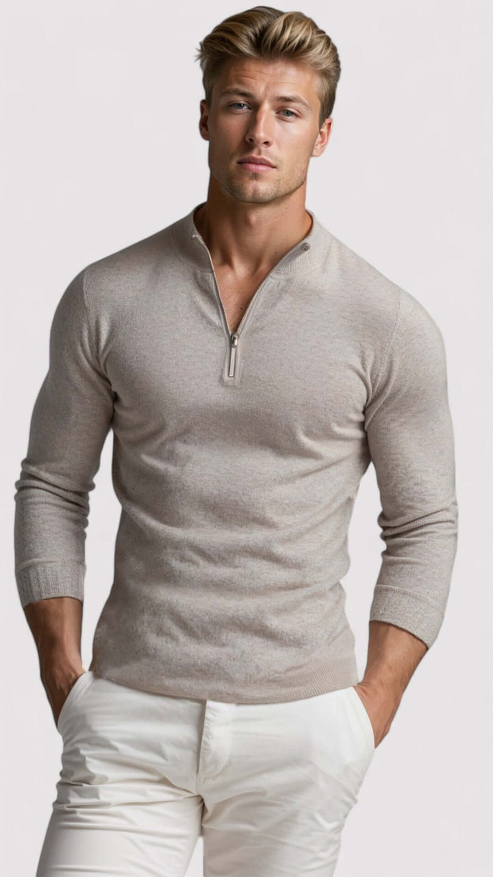 Men's luxe half-zip sweater in a refined fabric, perfect for elevated casual style.