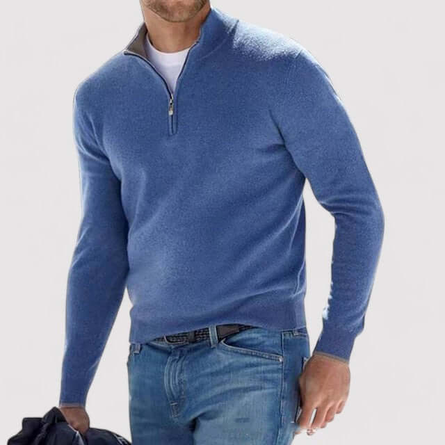 Stylish men's half-zip sweater featuring a high collar, perfect for modern layering.