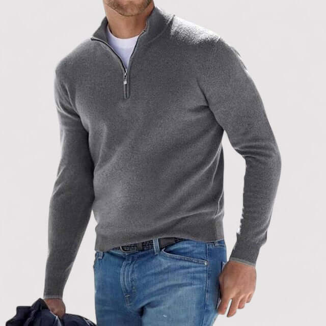 Elevated men's half-zip pullover sweater, a timeless top for versatile autumn & winter outfits.