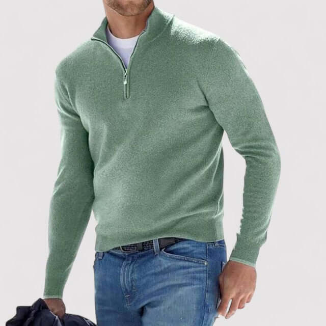 Comfortable men's luxe half-zip sweater, a soft pullover for refined everyday wear.