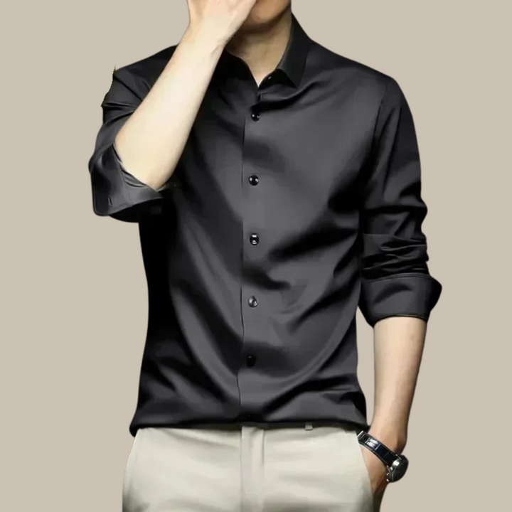 Detailed shot of men's luxurious casual shirt. Elegant long-sleeve button-down, a premium men's fashion top.