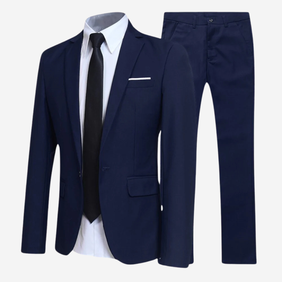 Elegant men's slim fit polyester blend suit in charcoal, ideal for formal events.
