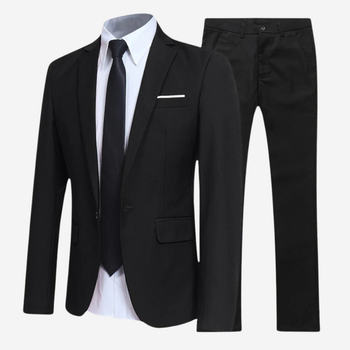 Close-up of fabric on a men's luxurious slim fit polyester blend suit, showcasing quality.